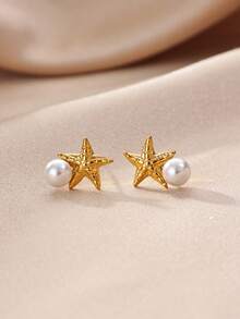 1 Pair Women's Elegant Starfish Faux Pearl Earrings, 18K Gold Stainless Steel Studs, Fashion Aesthetic Wedding Summer Beach Jewelry Gift - Yellow Gold - View 5