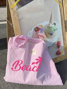 复古条纹帆布手提袋，印有玫瑰红椰子树和“Beach”字样，女士大容量条纹帆布手提袋 - 彩色 - 查看 5