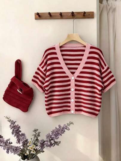 Nuevo suéter de punto de verano para mujer con cuello en V, holgado, a rayas, de manga corta, con contraste de color, informal