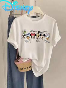 Licensed By Disney-Disney Classic Character Signature Reversible Print T-Shirt | Short Sleeve Crew Neck Casual Top, Suitable For Summer And Spring, Cartoon Pattern, Women'S Apparel - 白色 - 查看 2