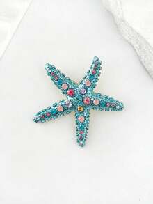 Enamel Ocean Creature Brooch, Starfish & Shell Design With Rhinestone & Pearl Decor (Random Color Rhinestone) - Rhinestone Starfish - View 2