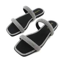 Women's Rhinestone Thong Flat Sandals Open Toe Slide Sandals With Square Toe Bling Strap - 玫瑰金 - 查看 1