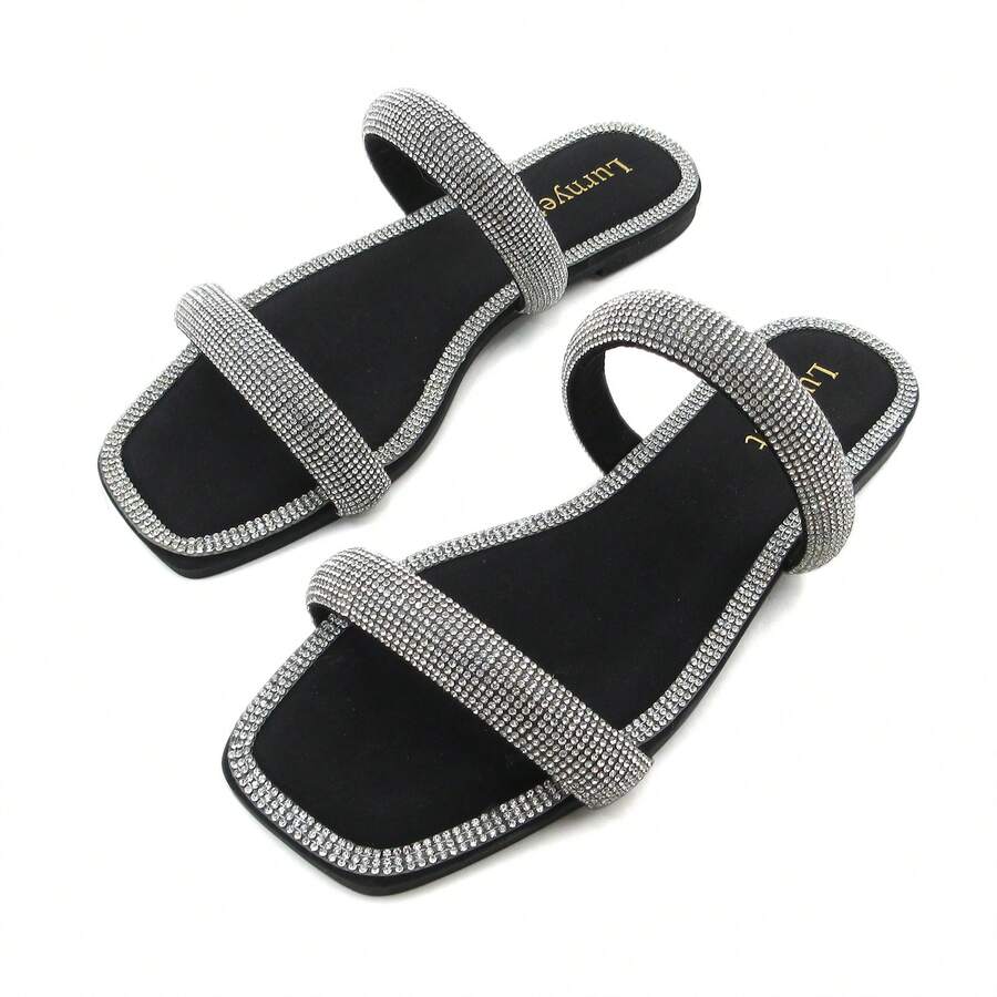 Women's Rhinestone Thong Flat Sandals Open Toe Slide Sandals With Square Toe Bling Strap - 玫瑰金 - 查看 1