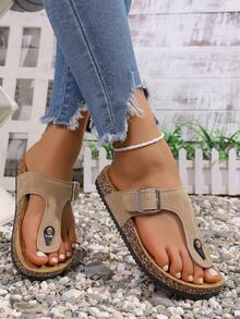 Sommeressentiell! Klassische khakifarbene vielseitige Slip-On Sandalen mit verstellbarem Schnallenverschluss, minimalistisch aber langanhaltend, weiche korkähnliche Sohle passt sich der Fußform an, mühelos elegant zu jedem Outfit - Khaki - Übersicht 5