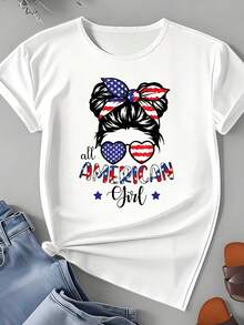 Casual T Shirt Girl Patriotic Flag Bow And Heart Sunglasses Design Independence Day Fourth Of July Celebration Wear For Women Summer Outfits 220g - trắng - Xem 3