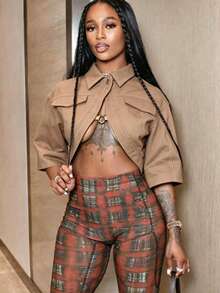 Women's Summer Fashion Casual Short Sleeve Lapel Collar Cropped Cardigan  Open Front Outwear - Brown - View 1