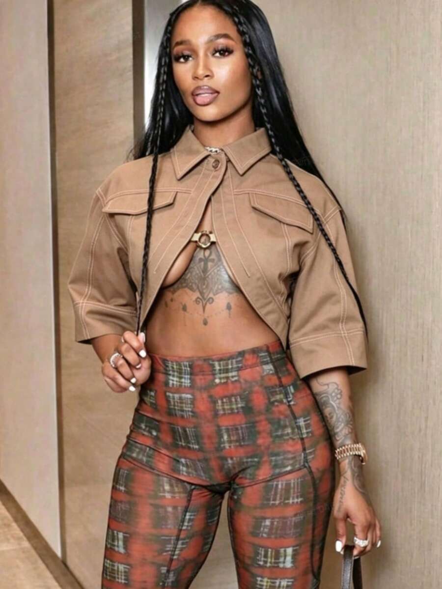 Women's Summer Fashion Casual Short Sleeve Lapel Collar Cropped Cardigan  Open Front Outwear - Brown - View 1