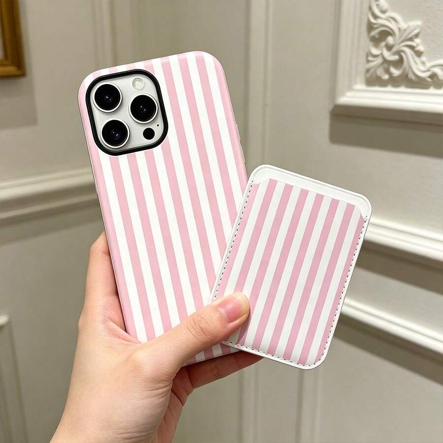 1pcs Pink Stripe PU Leather Card Holder Compatible With IPhone 17 Pro Max 15 17 16 Pro 16 12 13 15 Pro Max 14 15 16 Plus 17 Air, Wallet Cell Phone Card Stand Holder - Một bao đựng thẻ - Xem 1