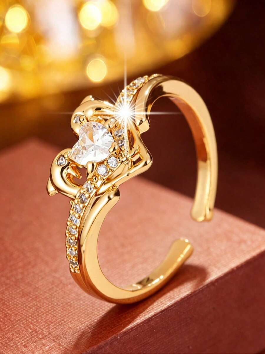 1 chiếc nhẫn hở hình trái tim đôi thiên nga sang trọng, có thể điều chỉnh kích thước, trang sức thanh lịch, đa năng dành cho nữ. - Vòng hở - Xem 1