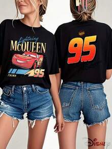Disney Lightning Mcqueen Reversible Printed Women'S T-Shirt, Loose Round Neck, Featuring A '95' Orange-Red Gradient Double-Sided Print, Recommended For Spring And Summer, Machine Washable Fabric, Slightly Stretchy, Exclusive For Fans - 黑色 - 查看 6