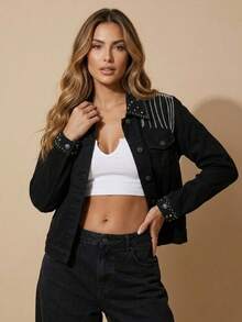 pthirillo Women's Black Denim Jacket Maxi Oversized Denim Black Cotton Long Sleeve Premium Street Style Retro Casual Loose Fit With Pockets Cowboy Style Show Pearls | Basic - 目前的 - 查看 6