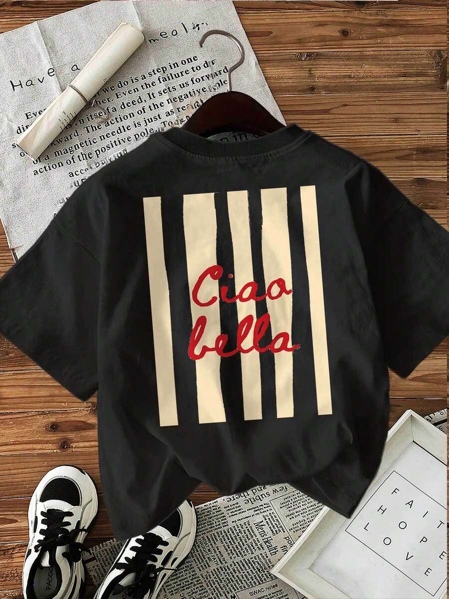 Graphic Print Shirt, Casual Short-Sleeved, Round-Neck Top For Summer And Spring, Women's Clothing - Black - View 1
