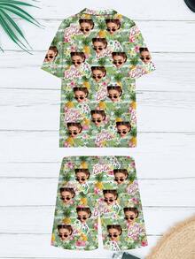 Custom Men's Hawaiian Shirt And Shorts Set, Brazilian Collar Button-Down Shirt + Beach Shorts Combination, Personalized Men's Holiday Outfit, Funny Face Design, Suitable For Casual Daily Wear And Holiday Outfits, Unique Gift For Boyfriend, Family, Friends - Multicolor - View 5