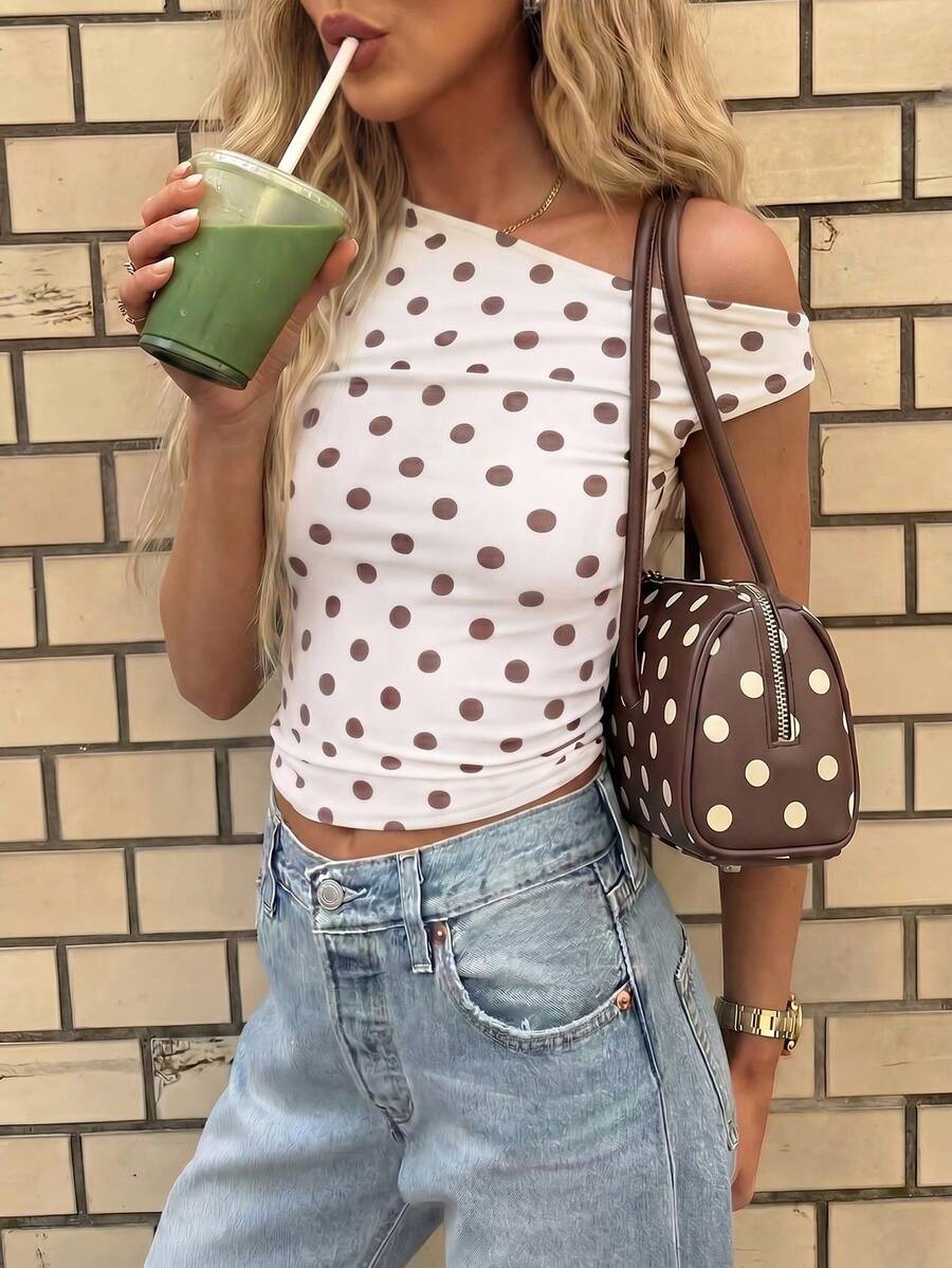 Women's Polka Dot Print One-Shoulder Ruched Fitted Fashionable Blouse - White - View 1