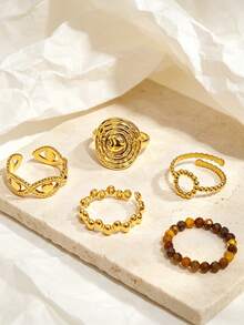 Set de 3/5 anillos geométricos de línea de acero inoxidable, anillos ajustables huecos con piedra natural chapada en oro de 18K - Colocar - Ver 2