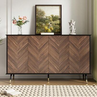 Modern Sideboard With Fischgrätmuster – Buffet Schrank Mit 4 Türen & Höhenverstellbaren Regalen – MDF Holz & Metallfüße – Stauraum Für Wohnzimmer, Flur & Esszimmer