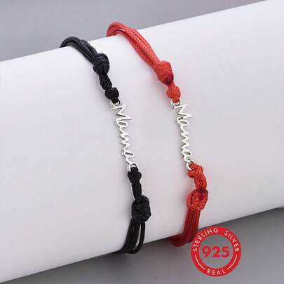 HuooNew Bộ 1 vòng tay bạc 925 Sterling hình chữ "Mom" bện, có thể điều chỉnh kích thước, quà tặng Ngày của Mẹ, không gây dị ứng, món quà hoàn hảo dành cho mẹ.