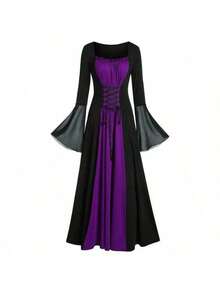 Dark Gothic Punk Style Dress For Women, Flared Dress With Square Neck And Gothic Patchwork, Cosplay Costume - Burgundy - View 3