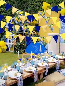 9.84ft/3 Meters Mediterranean Lemon Flag, Blue & Yellow Amalfi Coast Triangle Bunting Flags, Summer Beach Party Decor For Birthday, Baby Shower, Bridal Shower - Blue and Yellow - View 5