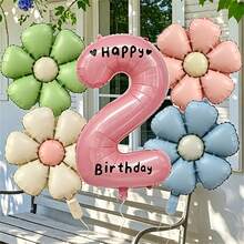 32英寸粉色铝箔数字气球套装（0-9），配有黑色“生日快乐”贴纸和4个彩色哑光雏菊气球，适用于生日派对装饰、结婚纪念日、夏季派对、舞会和节日装饰，可用作气球道具、室内派对装饰和派对用品。 - 雛菊數位套裝 - 查看 4