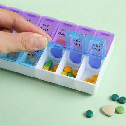 14-Grid Color Pill Box, Portable One-Week Pill Box Set, Mini Combination Pill Box Packing, Daily Regular Reminder Pill Box Monday To Sunday Full Coverage Travel Carry-On & Handbag Essentials, Efficient Management Of Vitamins & Medicines