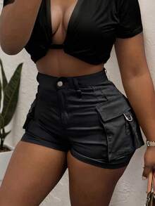 Y2K Style Elastic Waist Back Flap Pocket Decor Cargo Shorts, Casual & Comfortable Summer Hotpants Black - Black - View 3