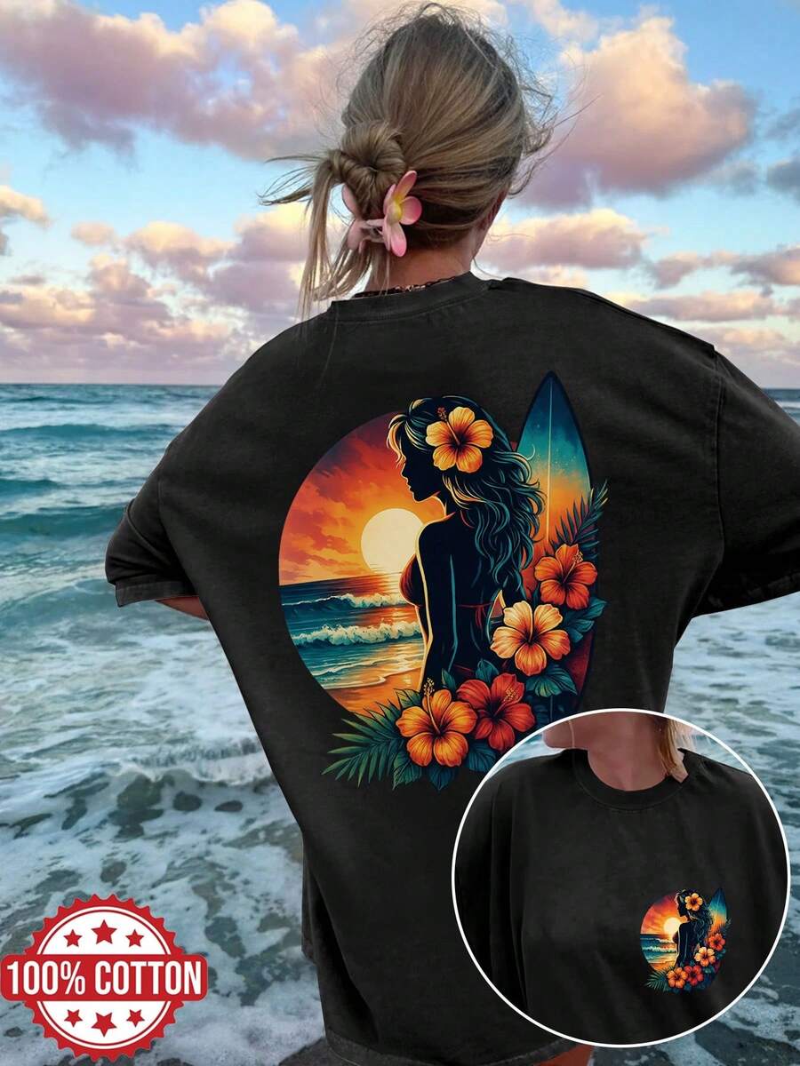Women's Double-Sided Print T-Shirts, Vintage Style, Surfboard Pattern, Hibiscus Flower, Sunset, Ocean Waves, Pure, , Casual, Loose Fit, Short Sleeves, Round Neck, Oversized Women's T-Shirts. - Black - View 1