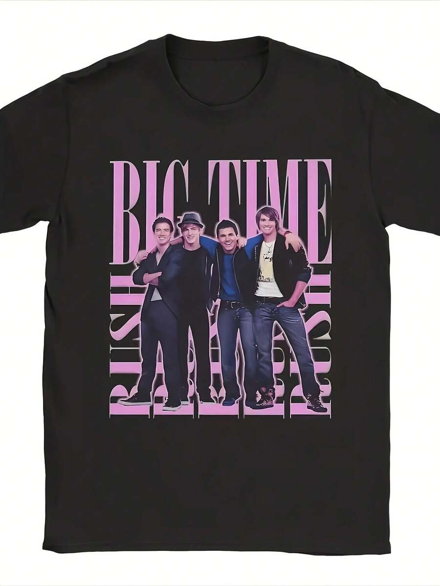 Men's And Unisex T-Shirt With Big Time Band Tour Merchandise | Official BTR Logo & Tour Design, Casual Crew Neck, Slight Stretch Fabric, Regular Fit, Print Pattern, Perfect For All Seasons. Available As A Slogan Shirt, Quote Shirt, With A Minimalist Graphic Design Or Fun Motif. Ideal For Beach Parties, Surfing, Picnics, Or As A Gift. Perfect As An Airport Outfit And For Every Season: Spring, Summer, Autumn, And Winter. Also Available As A Slogan Shirt, Quote Shirt, With A Minimalist Graphic Design Or Fun Motif. Ideal For Beach Parties, Surfing, Picnics, Or As A Gift. Perfect As An Airport Outfit And For Every Season: Spring, Summer, Autumn, And Winter. Coordinated Sets For Women In Summer, Subtle Summer Outfits, Summer Coordinating Outfits, Ball Gowns, Birthday Dresses, Party Outfits, Autumn, Winter, For All Seasons, Rave Outfits, Office Wear. - Black - View 1
