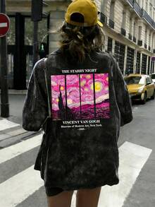 夏季新款简约时尚梵高艺术油画风格印花休闲圆领扎染短袖T恤，女式黑色度假上衣 - 黑色 - 查看 3