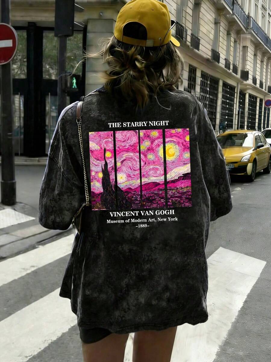Áo thun ngắn tay cổ tròn nhuộm màu tie-dye in họa tiết tranh sơn dầu phong cách Van Gogh, kiểu dáng đơn giản, thời trang mùa hè, dành cho nữ, màu đen, thích hợp cho kỳ nghỉ. - màu đen - Xem 1