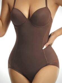 1 pieza Body moldeador para mujer, Corsé ajustado con copas de sujetador, Diseño de tres hileras de ganchos, Body con malla sexy y de moda, Resalta las curvas del Body, Adelgaza la cintura, Realza el trasero, Cintura de soporte, Moldea el busto, Se puede usar como prenda exterior, Shapewear multifuncional, Lencería moldeadora cómoda y ajustada, Tela elástica y ligera, Mantiene la figura femenina - Café integral - Ver 11