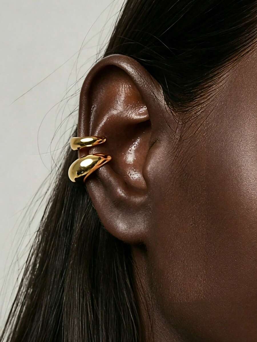 2pcs Minimalist Daily Curved Ear Clips, 1 Large 1 Small Mixed Women Jewelry Accessories, Personalized Chic Ear Clips - Gold - View 1