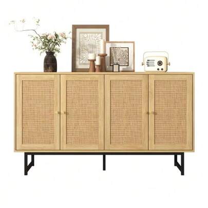 Sideboard 140x39.5x80 Cm Mit Echtem Rattangeflecht, 4 Türen