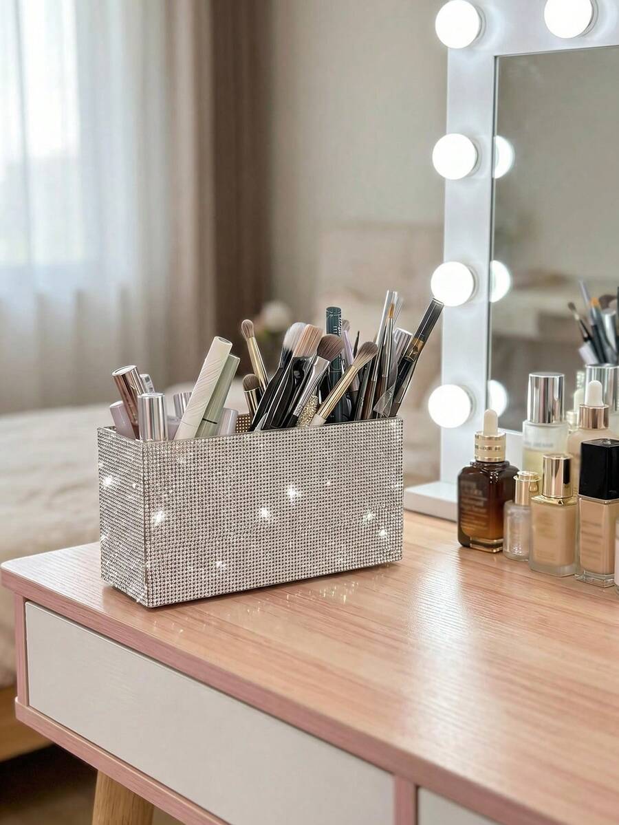 1pc Rhinestone Embellished 3-Compartment Storage Box, Large Capacity, Multicolor Rhinestone Inlaid Luxurious Sparkling Design, Fully Paved Pattern, Neat Edges, Makeup Tool Container, Suitable For Bedroom Vanity, Dressing Room Desk