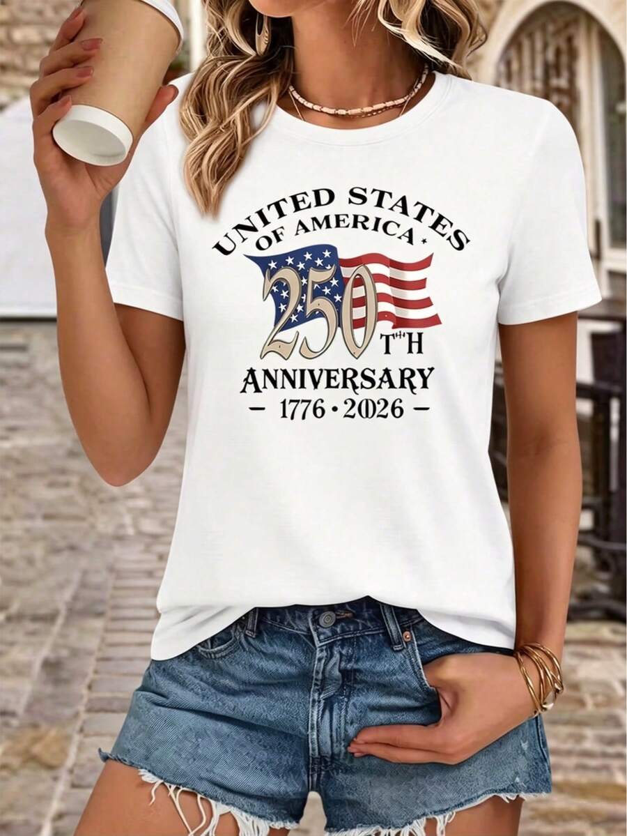 1 Pcs 100% Cotton United States 250th Anniversary Graphic Tee, Women Summer Tops, Casual Crew Neck Short Sleeve T-Shirt - 白色2 - 查看 1