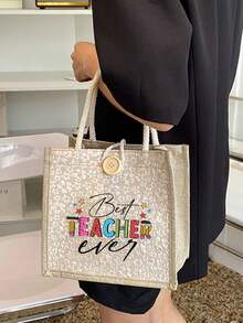 「Best Teacher」花卉字母印花亞麻托特包，教師禮物，可重複使用印花購物袋，適合通勤與開學季 - 彩色 - 查看 7