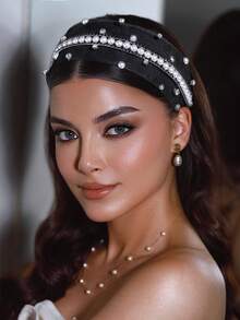 1pc Fashionable Pearl Rhinestone Headband, Simple Mesh Hollow Wide Band, Suitable For Bride, Wedding, Celebration, Banquet, Holiday Party, Daily Casual, Campus, Women's Hair Accessory Hairband - Multicolor - View 3