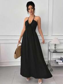 Vestido con cuello halter, espalda anudada y diseño calado acampanado - Negro - Ver 5