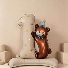 1 pieza Globo de aluminio de oso de peluche grande de 96 cm para el 1er cumpleaños, adecuado para el conjunto de globos de dibujos animados de fiesta de cumpleaños - Ver 1
