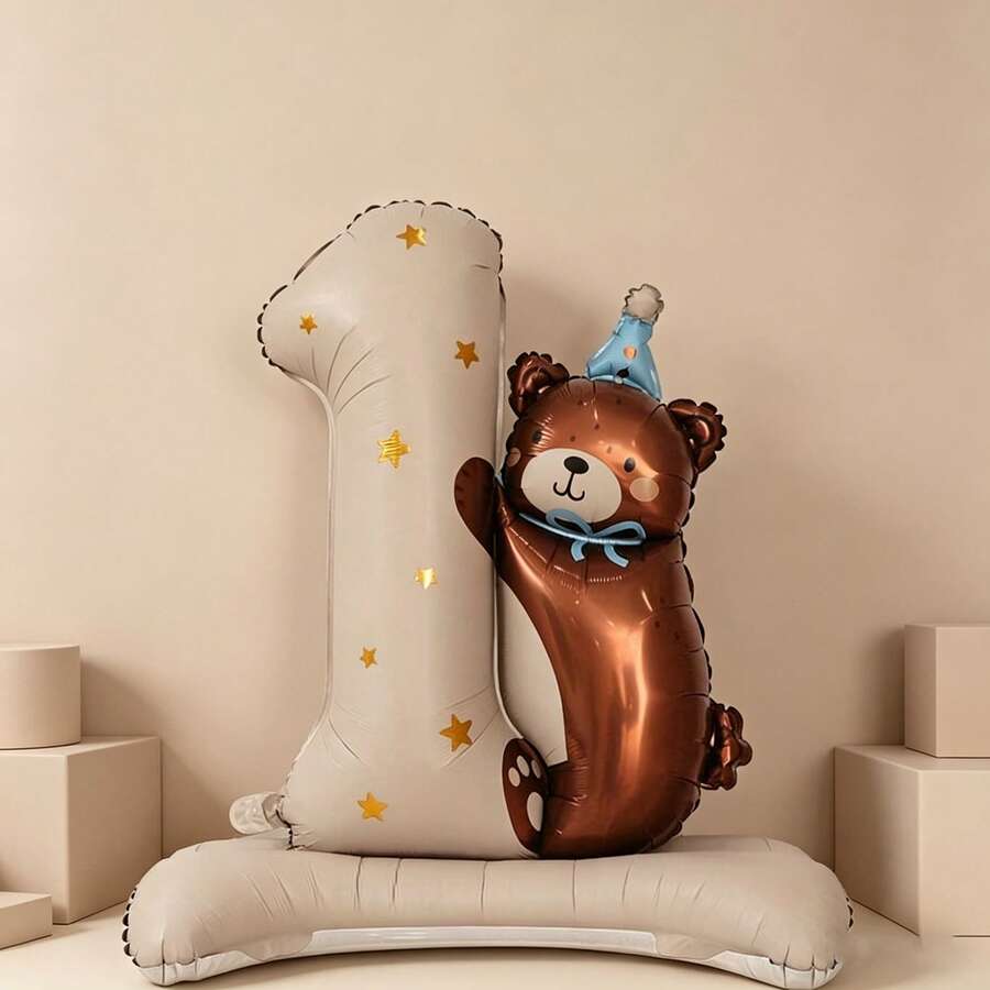 1 pieza Globo de aluminio de oso de peluche grande de 96 cm para el 1er cumpleaños, adecuado para el conjunto de globos de dibujos animados de fiesta de cumpleaños - Ver 1