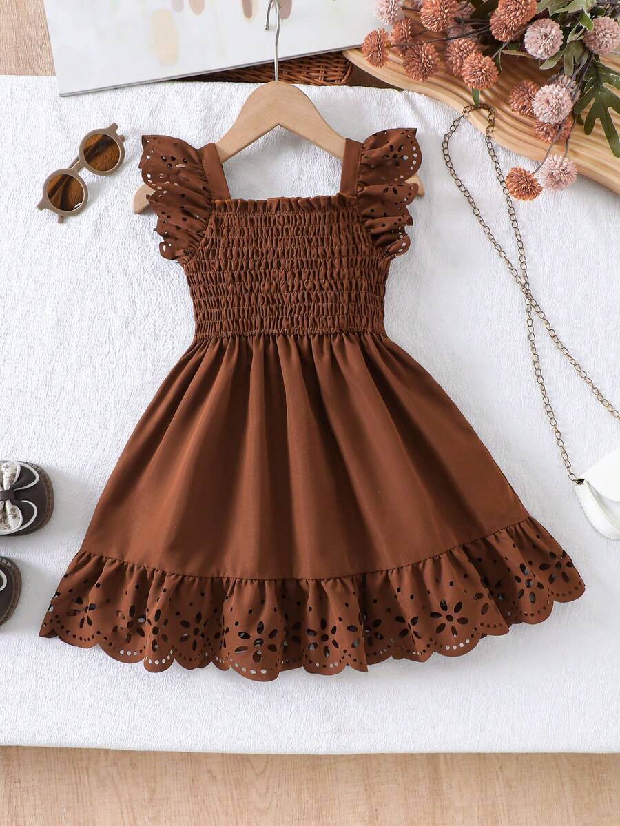 Girls' Summer Solid Color Dress, Sweet Vintage Style, Exquisite Hollow-Out Detail Design, Perfect For Daily Wear Or Photoshoots - Rust Brown - View 1