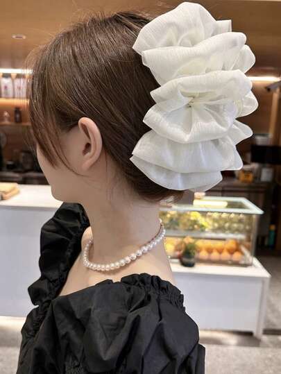 1pc Women's French Romantic Style Solid Color Shiny Organza Oversized Scrunchie Hair Clip With White Bow, Summer Accessory