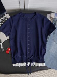 Cárdigan de punto gris de manga corta para mujer, de corte slim, estilo universitario de verano, con cuello redondo, parches de encaje y dobladillo con cordón - Azul marino - Ver 4