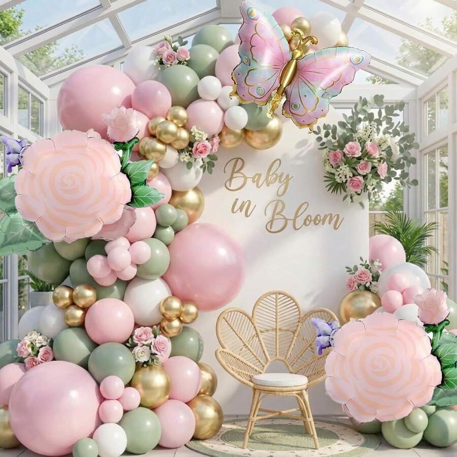120 piezas de globos de arco en verde, rosa y dorado con globos de foil con flores y mariposas - Perfectos para una fiesta de cumpleaños con tema de florecimiento y mariposas, baby shower, revelación de género, despedida de soltera, fiesta de té en el jardín, decoración del Día de la Madre - Ver 1