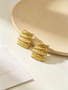 Multifunctional Gold Stainless Steel Pleated Charm Earrings; Abstract Asymmetrical Shape Stud Earring Design Charming; Lightweight Daily Wear Jewelry, Bold Eye-Catching Design, Easy To Match With Any Outfit; Suitable For Work, Daily Outings And Parties And Other Occasions - Multicolor - View 5