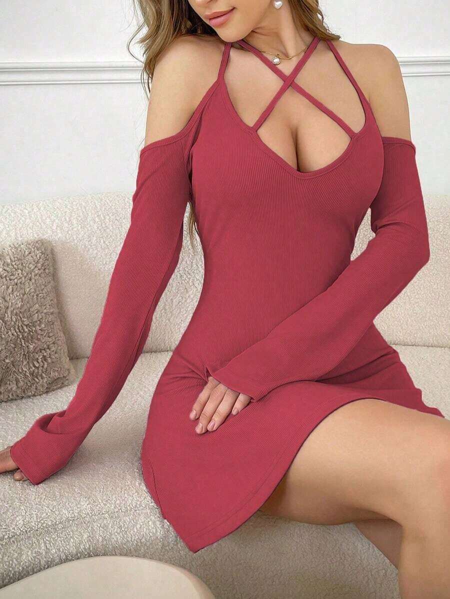 SweetSlumber Vestido de salón elegante y cómodo con hombros descubiertos y tirantes para mujer, para usar en otoño e invierno - Burdeos - Ver 1