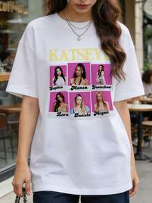 Camiseta de manga corta con cuello redondo suave y casual para mujer, estampado gráfico de grupo de chicas K-Pop, adecuada para uso diario en la calle. Negra. - Blanco - Ver 5