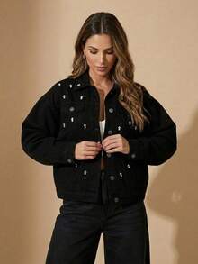 pthirillo Women's Black Denim Jacket Maxi Oversized Denim Black Cotton Long Sleeve Premium Street Style Retro Casual Loose Fit With Pockets Cowboy Style Show Pearls | Basic - 水滴和水鑽 - 查看 9