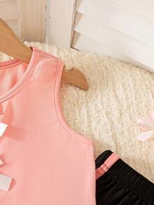 2pcs Girls Casual Outfits, Sleeveless Solid Color Top With 3D Bow Design And Elastic Waist Pants, Spring/Summer - Pink - View 4