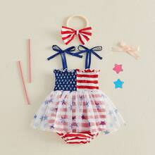 4th Of July Baby Girl Outfits American Flag Sleeveless Strap Romper Bodysuit Independence Day Clothes - 紅色 A - 查看 1